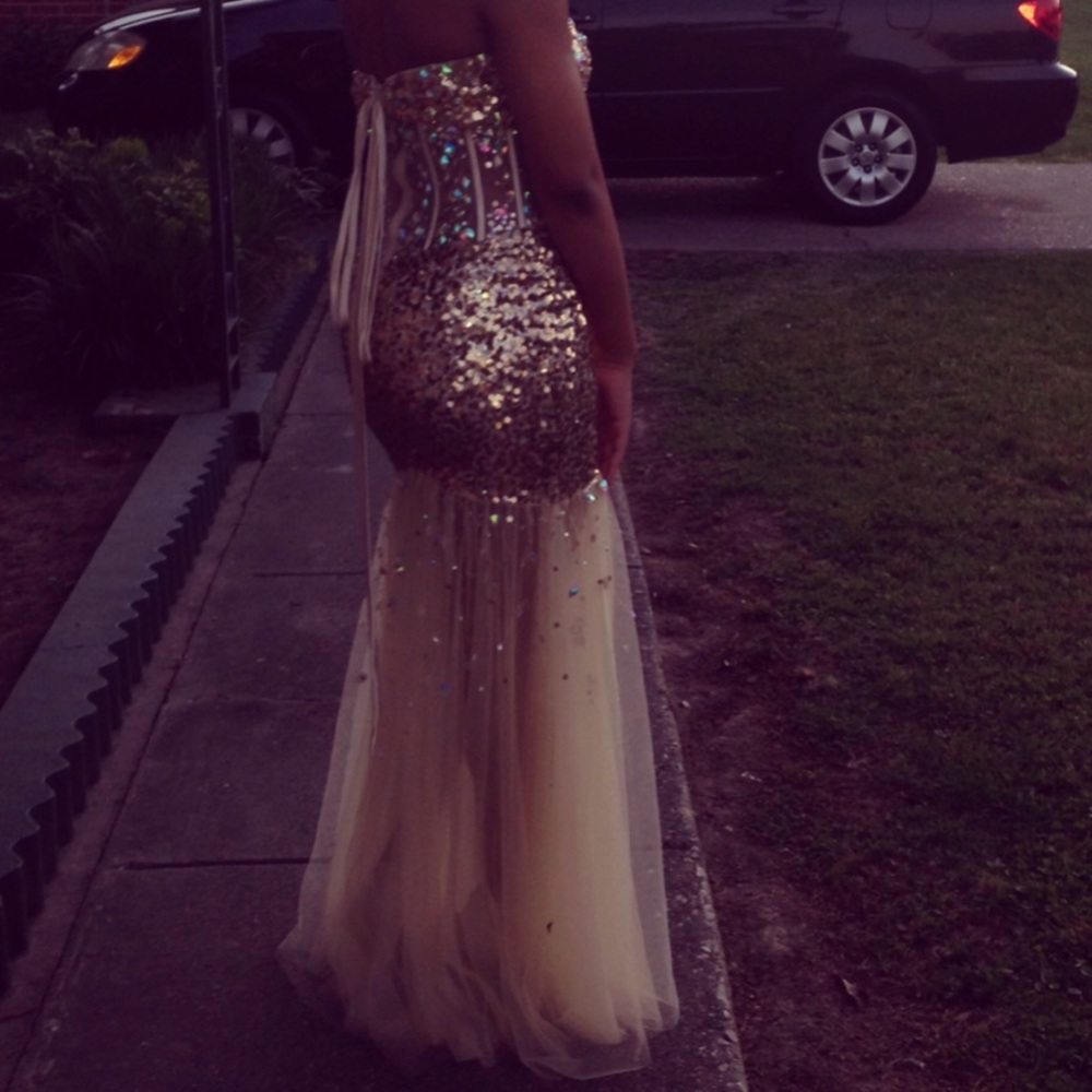 Cream Sequin/Mesh Prom Dress